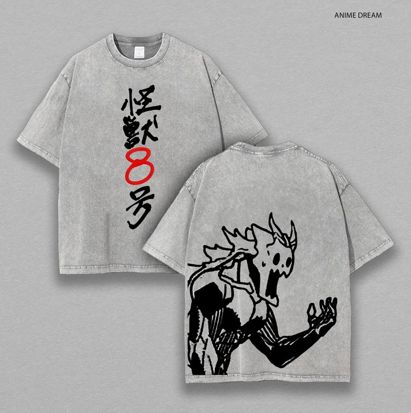 Kafka Hibino Kaiju No. 8 Anime Double Printed Vintage Washed Tee Unisex Oversize Heavyweight Cotton T-shirt for Anime Fans
