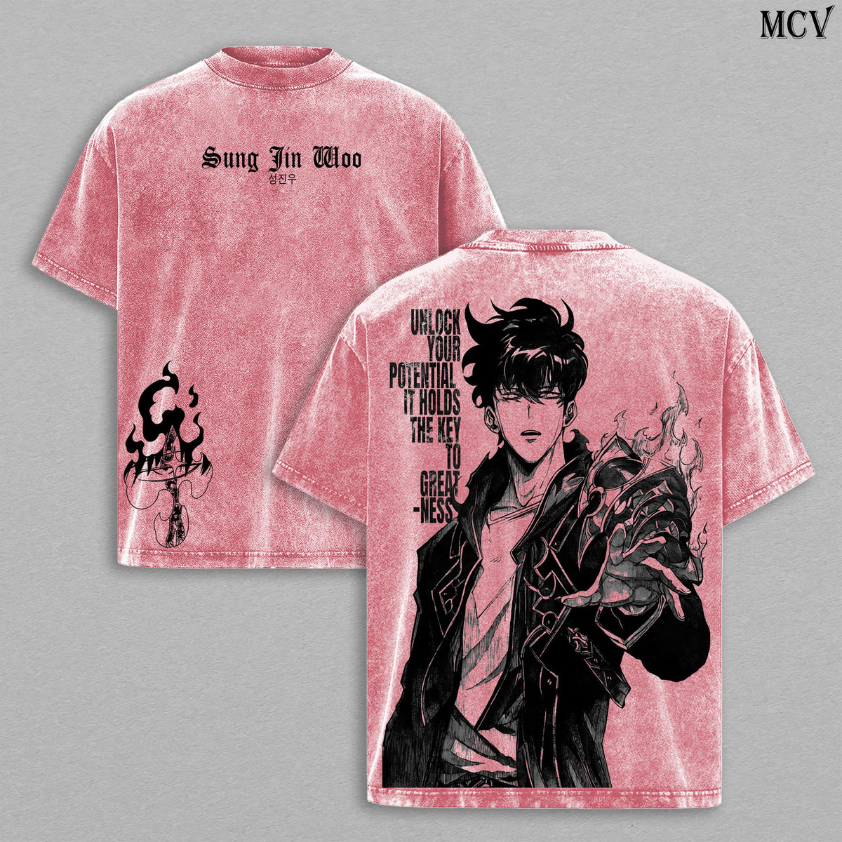 Vintage Retro Sung Jin-Woo Solo Leveling Tee Washed – Vintage Retro Washed Heavy Cotton Oversized Anime Manga Manhwa T-Shirt & Hoodie, Double Printed Retro Unisex Streetwear Graphic Top, Shadow Monarch Arise Edition
