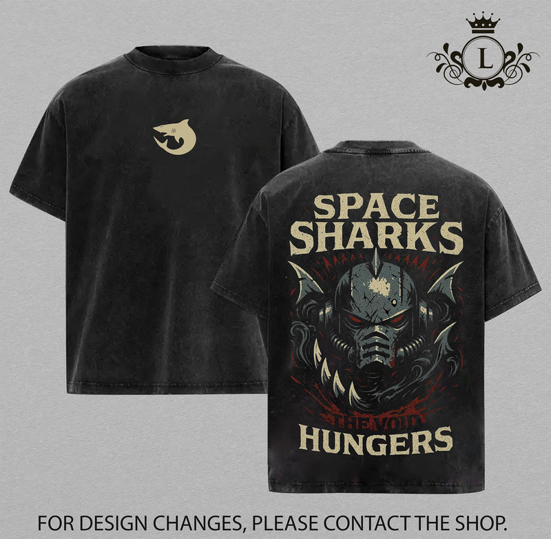 Space Sharks Warhammer 40K New Release Vintage Washed Tee | Grimdark Sci-Fi Graphic Shirt | Premium Cotton T-Shirt for Fans of Imperium, Space Marines & Chaos | Retro Battle Aesthetic Streetwear Apparel