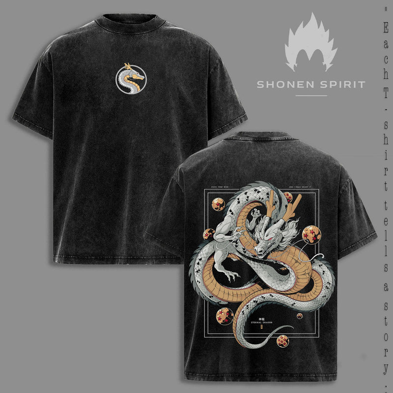Eternal Dragon T-Shirt, Legendary Dragon Spirit Tee, Mystic Fantasy Graphic Shirt, Vintage Washed Anime-Inspired Top, Oversized Streetwear Outfit, Ancient Power Design, Mythical Creature Apparel, Epic Warrior Aesthetic Tee