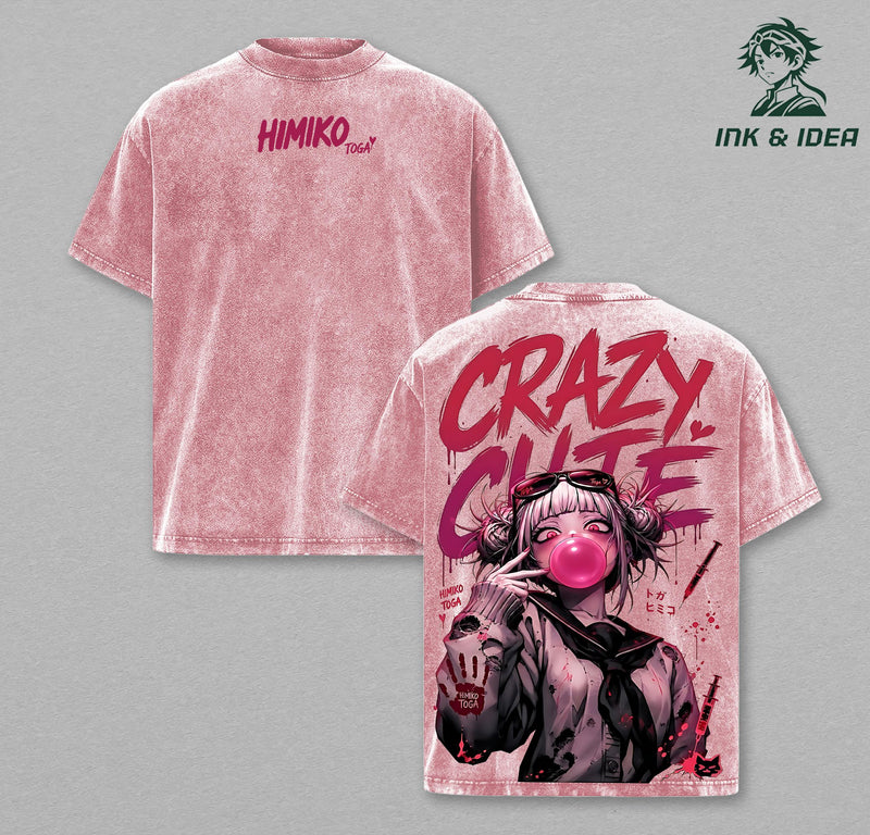 Himiko Toga Vintage Washed T-Shirt, Crazy Cute Yandere Anime Oversized Streetwear Tee, Heavy Cotton Dark Aesthetic Graphic Shirt, Retro Manga Unisex Top Gift for MHA Fans
