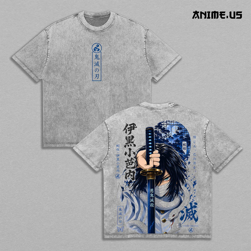 Iguro Obanai Serpent Hashira Demon Slayer Anime Graphic Tee Snake Swordsman Vintage Washed Oversized Heavyweight Cotton Manga Streetwear Back Print Shirt