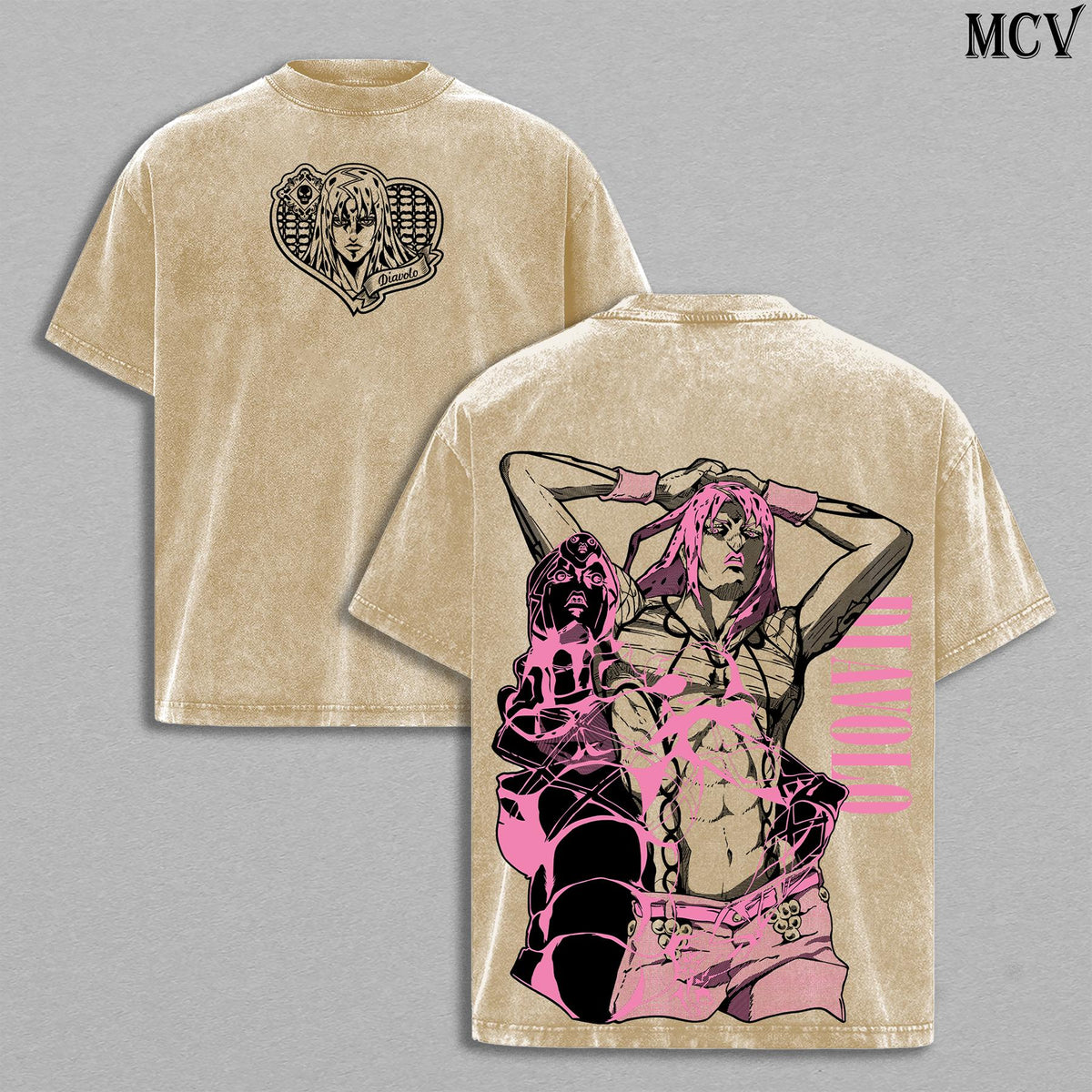 Diavolo Washed T-Shirt – JoJo’s Bizarre Adventure Golden Wind King Crimson Stand Time Erase Anime Manga Graphic Double Printed Tee, Menswear Heavy Cotton Unisex Oversize Streetwear