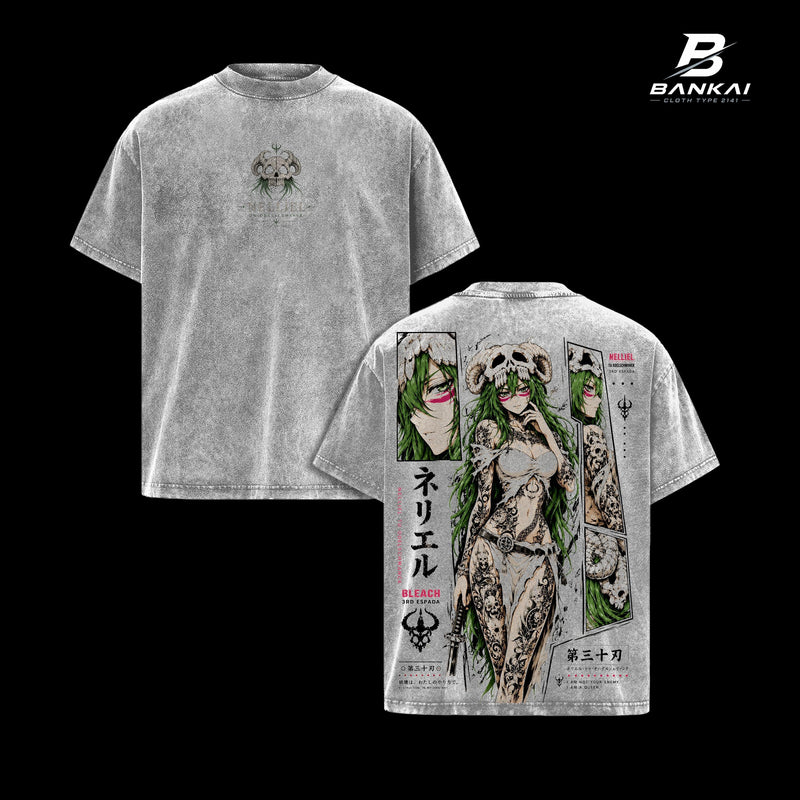 Bleach Nelliel Dark Anime Graphic T-Shirt, Premium Vintage Washed Streetwear Tee, 3rd Espada Arrancar Queen Artwork, Hollow Skull Symbol, Green Aura Manga Illustration, Japanese Style Heavy Cotton Unisex Anime Shirt