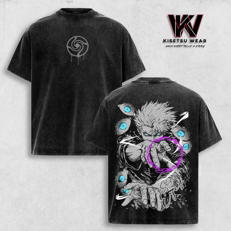 Gojo Satoru JJK Season 3 Vintage Washed Oversized T-Shirt – Six Eyes Limitless Anime Graphic Tee, Anime Streetwear Apparel, Soft Cotton Casual Unisex Top