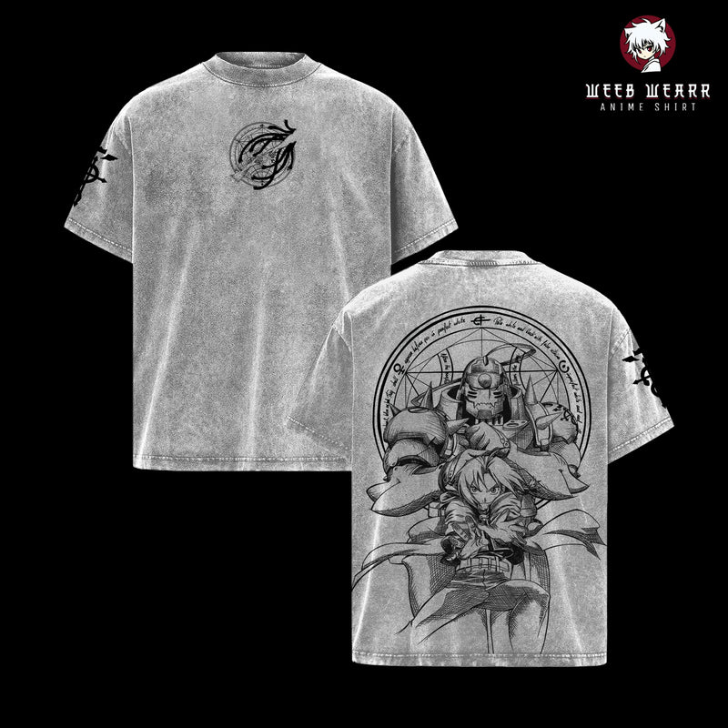 Fullmetal Alchemist Edward & Alphonse Elric Shirt – Vintage Washed Oversized Heavy Cotton Anime Graphic T-Shirt, Retro Manga Streetwear Top FMA Merch
