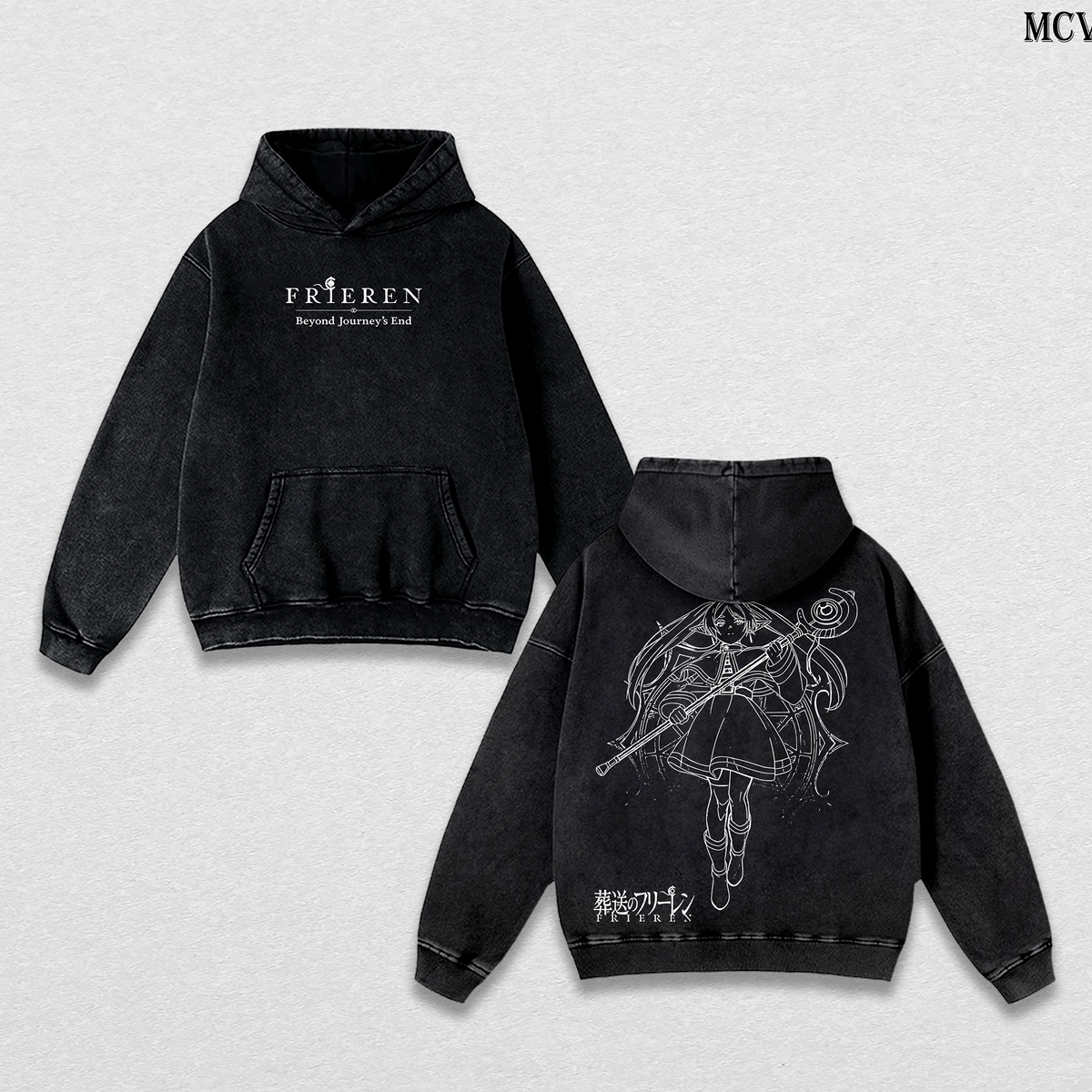 Fantasy Elf Frieren Hoodie – Beyond Journey’s End Vintage Washed Anime Pullover Hoodie Cozy Aesthetic