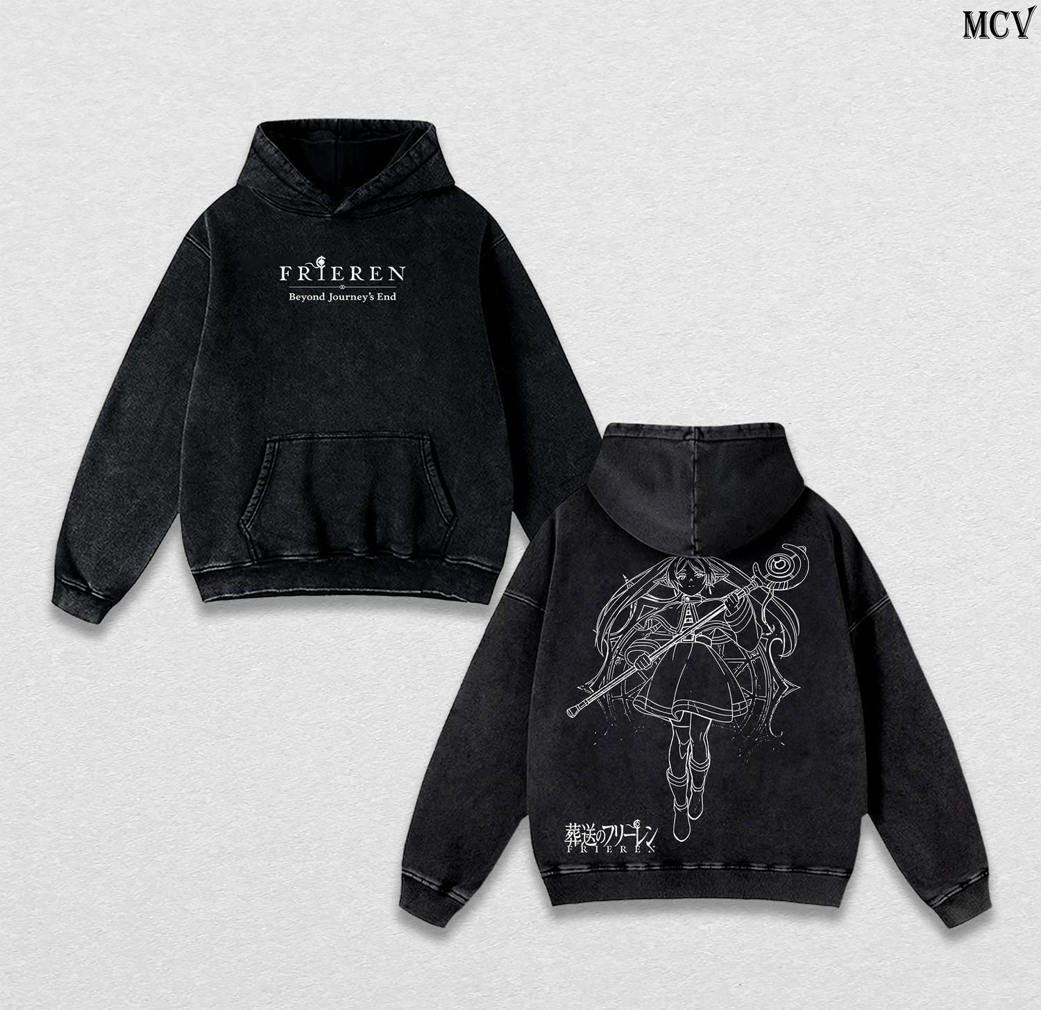 Fantasy Elf Frieren Hoodie – Beyond Journey’s End Vintage Washed Anime Pullover Hoodie Cozy Aesthetic