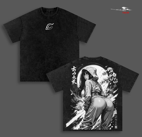 Gothic Hinata Hyuga Naruto 3 Anime Double Printed Vintage Washed Tee Unisex Oversize Heavyweight Cotton T-shirt for Anime Fans and Lovers
