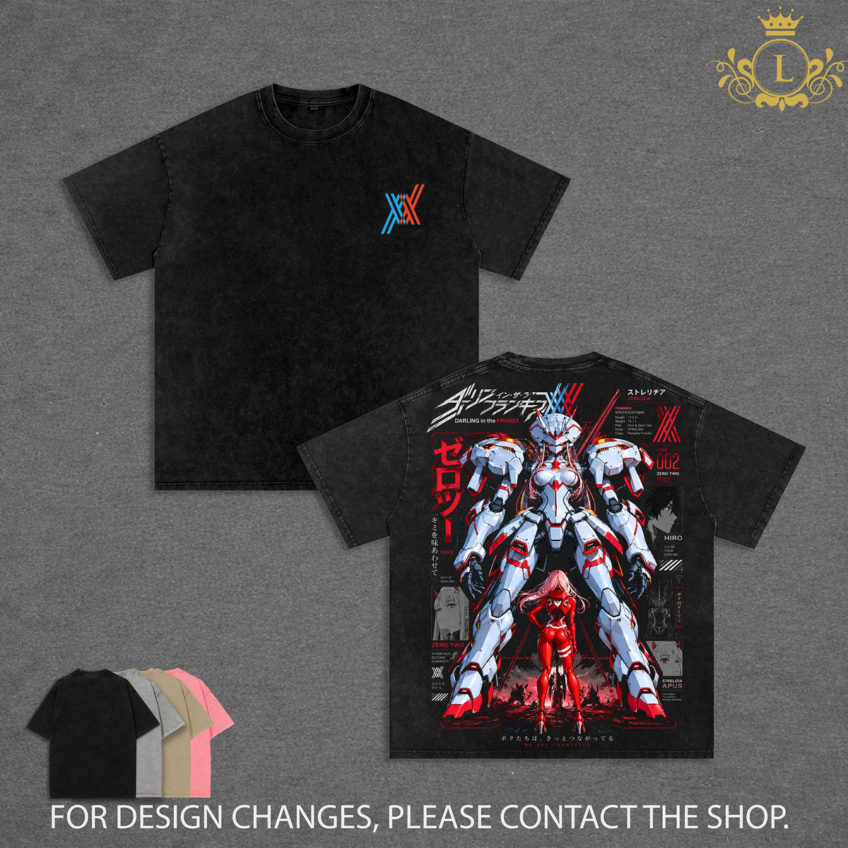 Limited Darling in the Franxx Zero Two Washed T-Shirt, Strelizia Mecha Anime Graphic Tee, Hiro and Zero Two Vintage Acid Wash Oversized Shirt, Double Sided Print, Japanese Anime Streetwear, Unisex Cotton Tee, Gift for Anime Fans