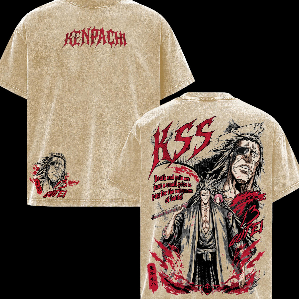 Bleach Kenpachi 13 Gotei Men’s T-Shirt, Vintage Washed Graphic Tee, Classic Casual Soft Cotton Crewneck Streetwear Apparel, Anime Clothes for Fans