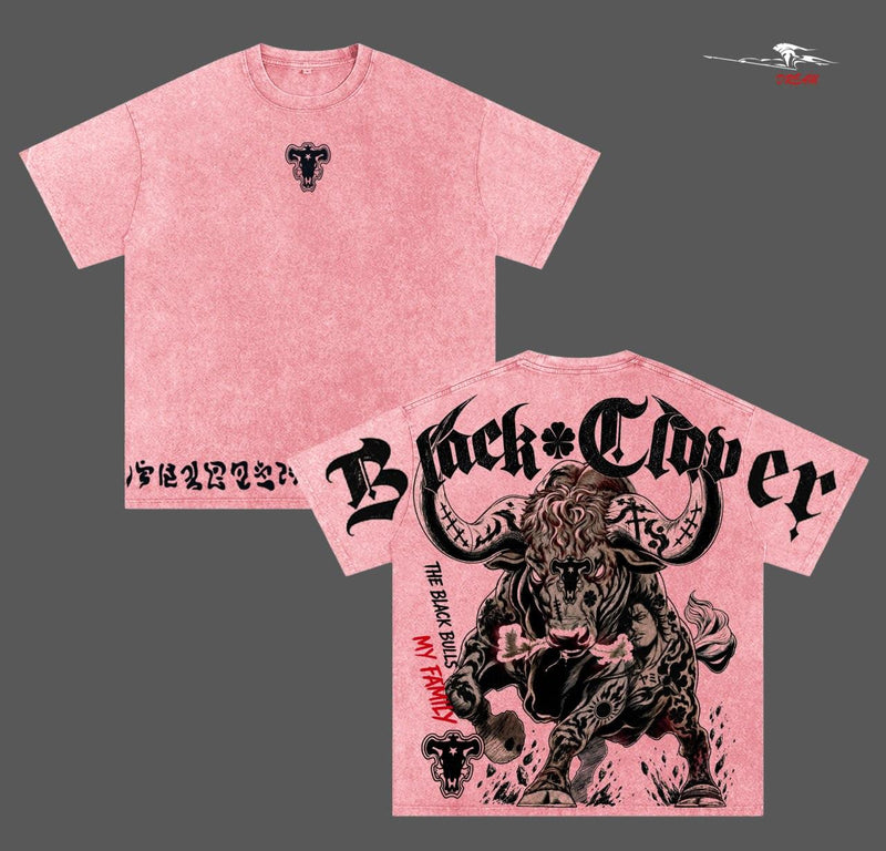 Black Clover Black Bulls Anime Double Printed Vintage Washed Tee Unisex Oversize Anime Manga Washed Heavyweight Cotton T-shirt