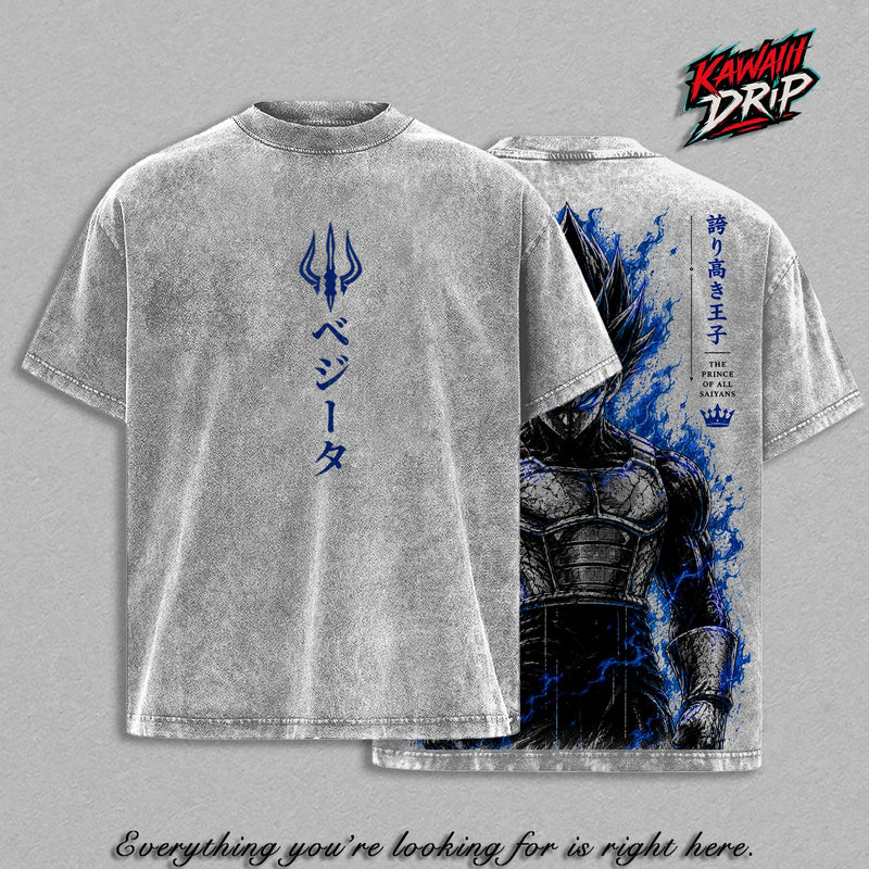 Prince of All ''Saiyans'' Graphic Tee Vintage Washed Shirt DBZ Anime Streetwear T-Shirt ''Saiyan'' Warrior Power Up Manga Tee Oversized Unisex Gift for DBZ Fans and Anime Lovers