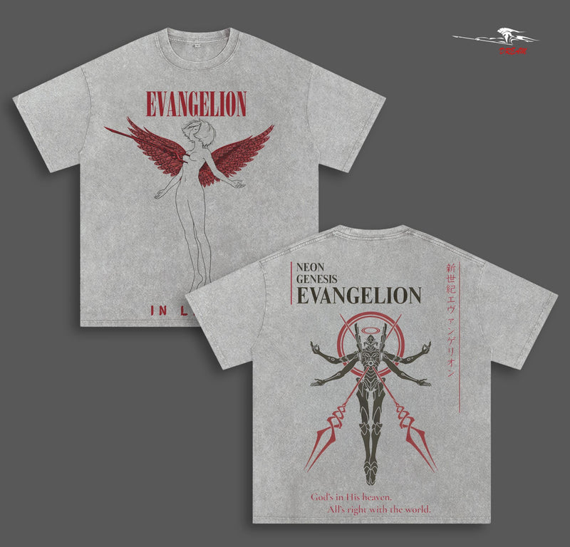 Neon Genesis Evangelion Anime Double Printed Vintage Washed Tee Unisex Oversize Anime Manga Washed Heavyweight Cotton T-shirt