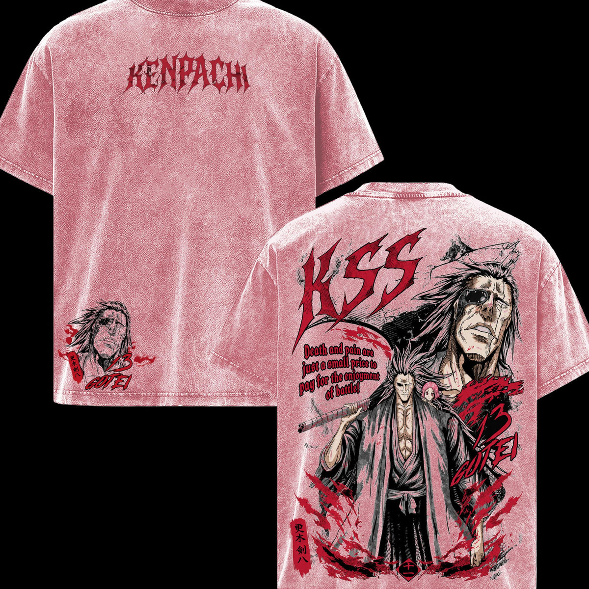 Bleach Kenpachi 13 Gotei Men’s T-Shirt, Vintage Washed Graphic Tee, Classic Casual Soft Cotton Crewneck Streetwear Apparel, Anime Clothes for Fans