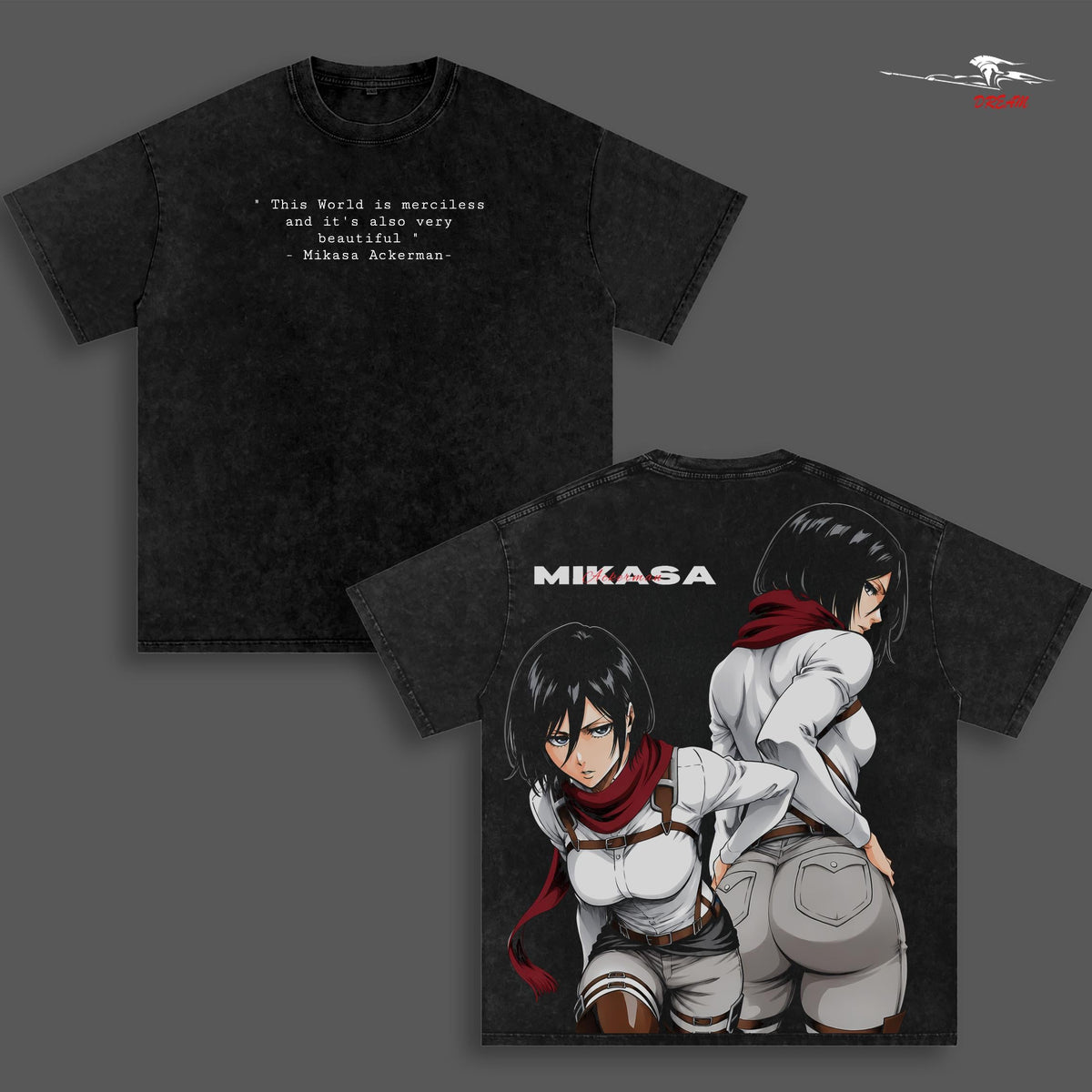 Mikasa Ackerman Attack on Titan Anime Double Printed Vintage Washed Tee Unisex Oversize Anime Manga Washed Heavyweight Cotton T-shirt
