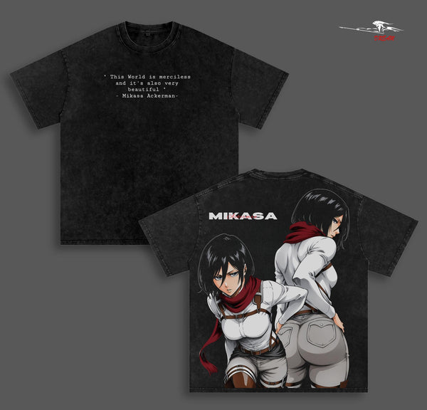 Mikasa Ackerman Attack on Titan Anime Double Printed Vintage Washed Tee Unisex Oversize Anime Manga Washed Heavyweight Cotton T-shirt