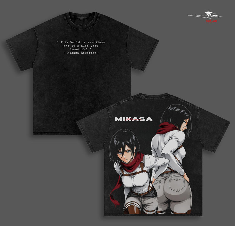 Mikasa Ackerman Attack on Titan Anime Double Printed Vintage Washed Tee Unisex Oversize Anime Manga Washed Heavyweight Cotton T-shirt