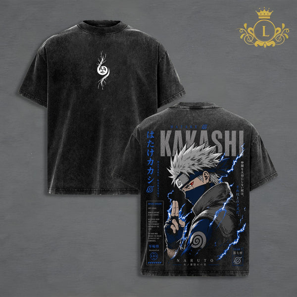 Kakashi Hatake Anime Graphic T-Shirt, Sharingan Copy Ninja Vintage Washed Tee, Chidori Lightning Japanese Manga Streetwear, Oversized Premium Cotton Shirt, Harajuku Fashion, Unisex Anime Gift