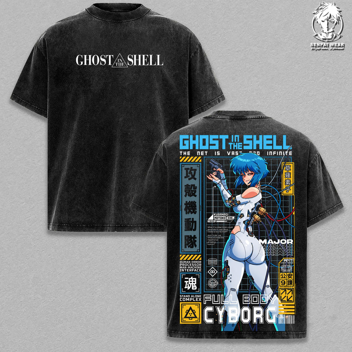 Ghost in the Shell - Anime Graphic Tee Vintage Washed Shirt Unisex Streetwear Sci-Fi Merch Motoko Kusanagi Tee Anime T-Shirt Gift for Anime Lovers Cyberpunk Fans