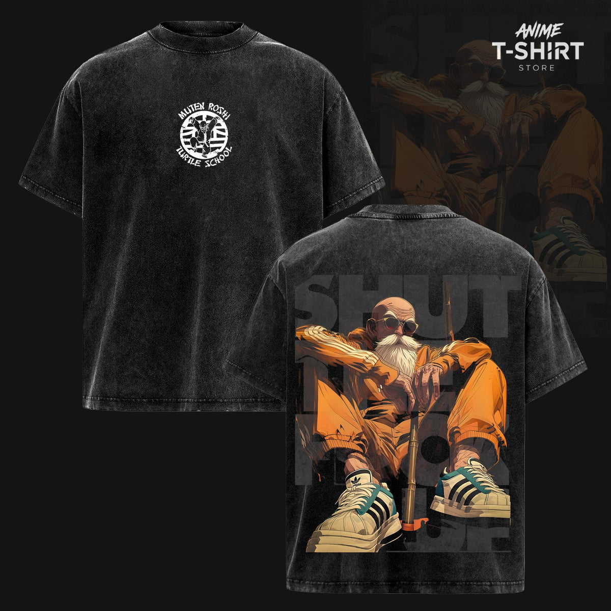 Master Roshi – DBZ Oversize Anime Graphic Tee, Acid Washed Heavy Cotton Shirt, Vintage Manga Streetwear, Unisex Casual Wear, Anime Merch, Gift for Anime Fans