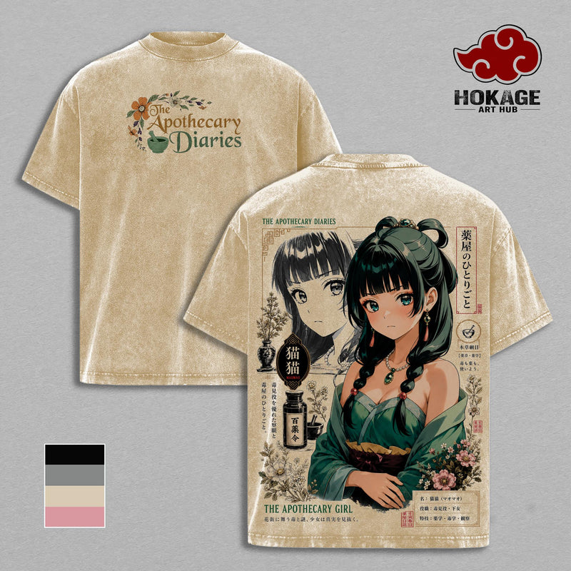 Maomao Vintage Washed Graphic T Shirt - Heavyweight Cotton Tee, Oversized Anime Streetwear Top Shirt, Gift for The Apothecary Diaries & Anime Fans Men Women