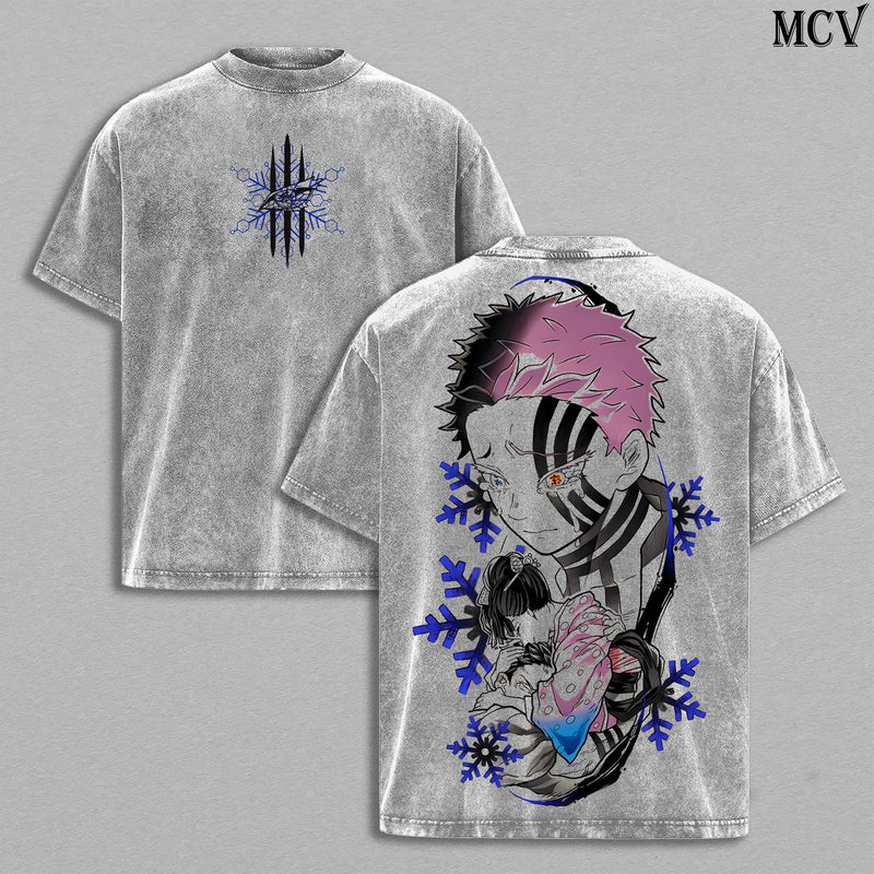 Akaza vs Koyuki Oversized Washed T-Shirt – Demon Slayer Kimetsu no Yaiba Vintage Heavy Cotton Unisex Tee Anime Manga Streetwear Retro Graphic Top Otaku Merch Gift for Fans MCV