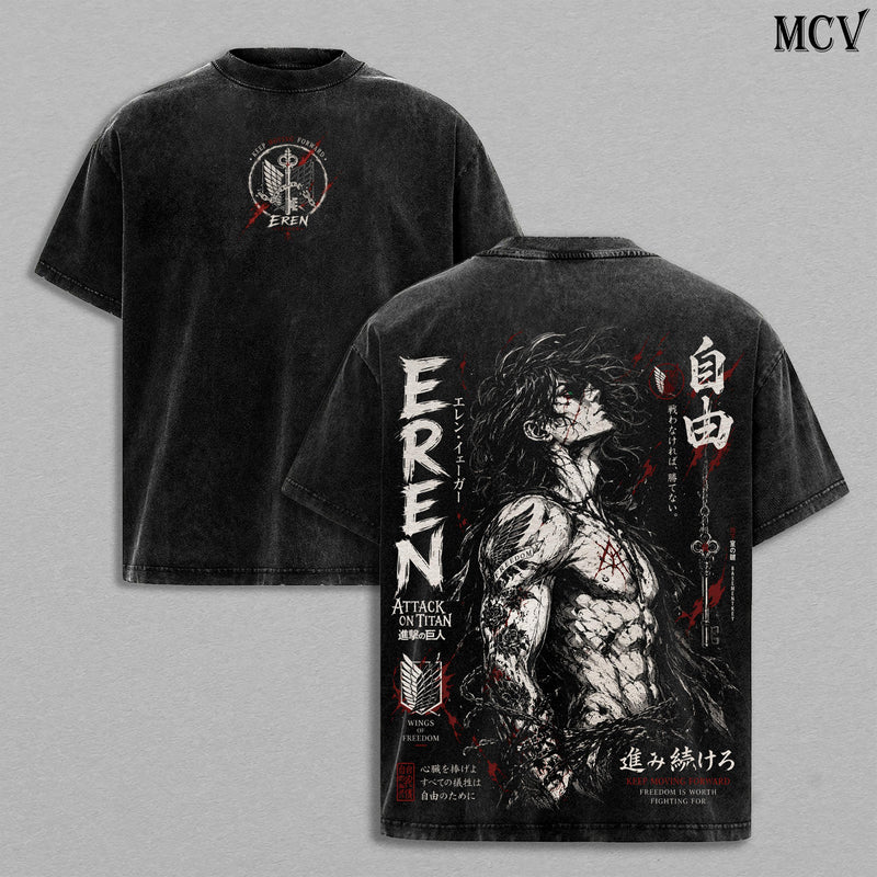 Eren Yeager Attack on Titan Vintage Washed Tee – Eren Yeager Gothic Tattoo Art T-Shirt | Japanese Irezumi Blackwork Graphic Tee | Heavy Cotton Unisex Oversized Streetwear Top | Founding Titan Anime Manga Graphic Tee