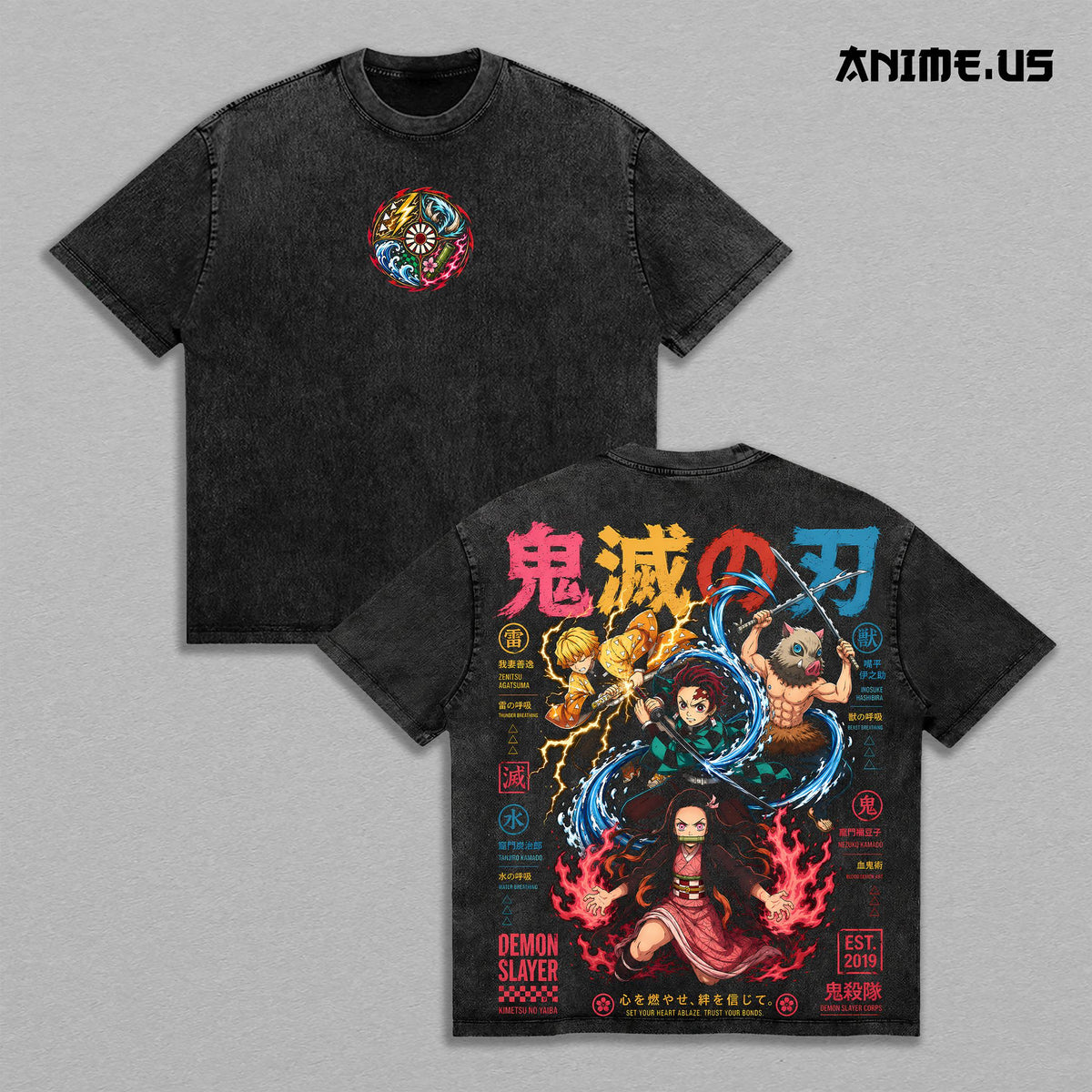 Tanjiro Nezuko Zenitsu Inosuke Demon Slayer Anime Graphic Vintage Washed Oversized T-Shirt Kimetsu No Yaiba Manga Art Heavyweight Cotton Streetwear Back Print Tee