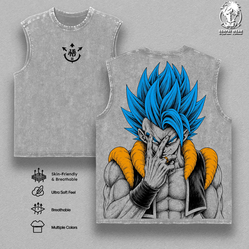 Gogeta Tank Tops Washed, DBZ Anime Graphic Tee, Oversized Blue Super Saiyan Vintage Washed Shirt, Heavyweight Streetwear For Men, Gym Pump Cover Outfit, Gift For Anime Lovers