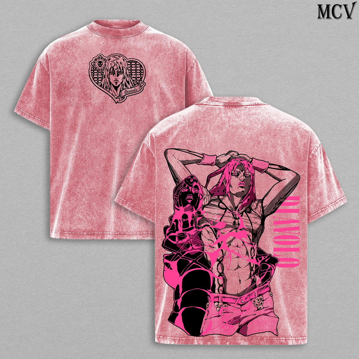 Diavolo Washed T-Shirt – JoJo’s Bizarre Adventure Golden Wind King Crimson Stand Time Erase Anime Manga Graphic Double Printed Tee, Menswear Heavy Cotton Unisex Oversize Streetwear