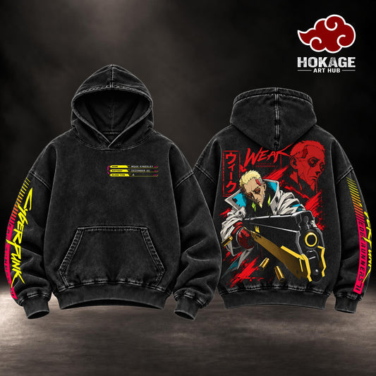 Weak Kingsley Cyberpunk Edgerunners 2 Hoodie , T-Shirt , Veteran Edgerunner King Night City Anime Manga Back Print, Cyberpunk 2077 Vintage Washed Oversized Unisex Streetwear
