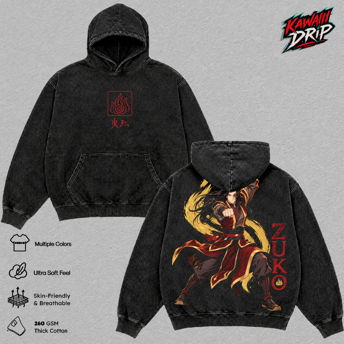 Zuko Avatar The Last Airbender Vintage Washed Hoodie - Anime Graphic Sweatshirt Avatar Manga Inspired Oversized Streetwear Cotton Pullover Hoodie Gift for Avatar Fans Men & Women