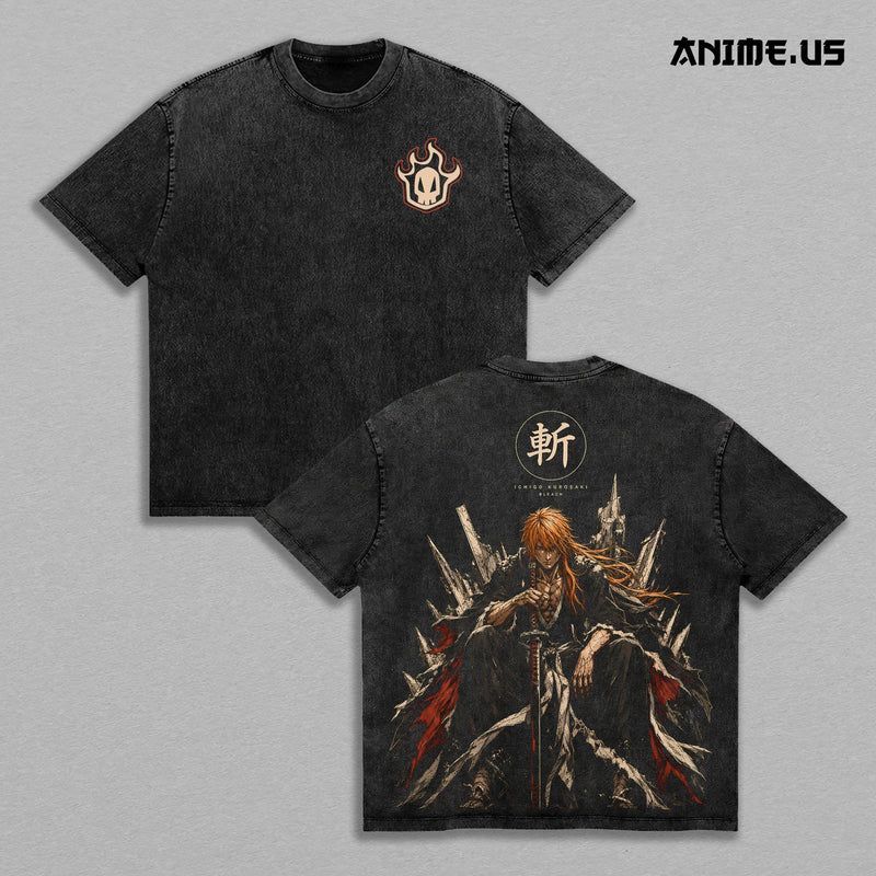 Ichigo Kurosaki Bleach Vintage Washed Oversized T-Shirt, Soul Reaper Bankai Anime Graphic Tee, Heavyweight Cotton Streetwear Shirt, Manga Fan Gift