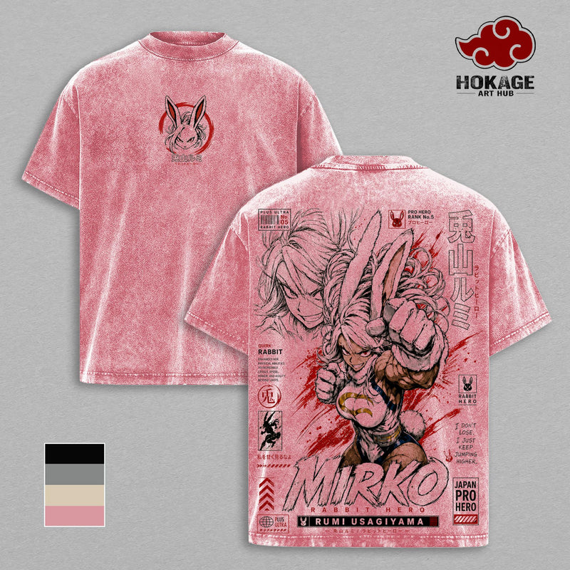 Mirko - My Hero Academia Double Printed Graphic Tee, Vintage Washed Streetwear for Men, Heavyweight Oversized Shirt, Acid Wash Y2K Anime Merch