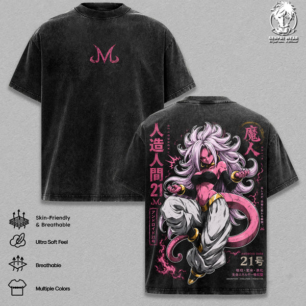 Android 21 Majin Form Graphic Tee DB FighterZ Vintage Washed Shirt Unisex Streetwear Anime Merch Evil Android Tee Manga T-Shirt Gift for Anime Lovers DBFZ Fans