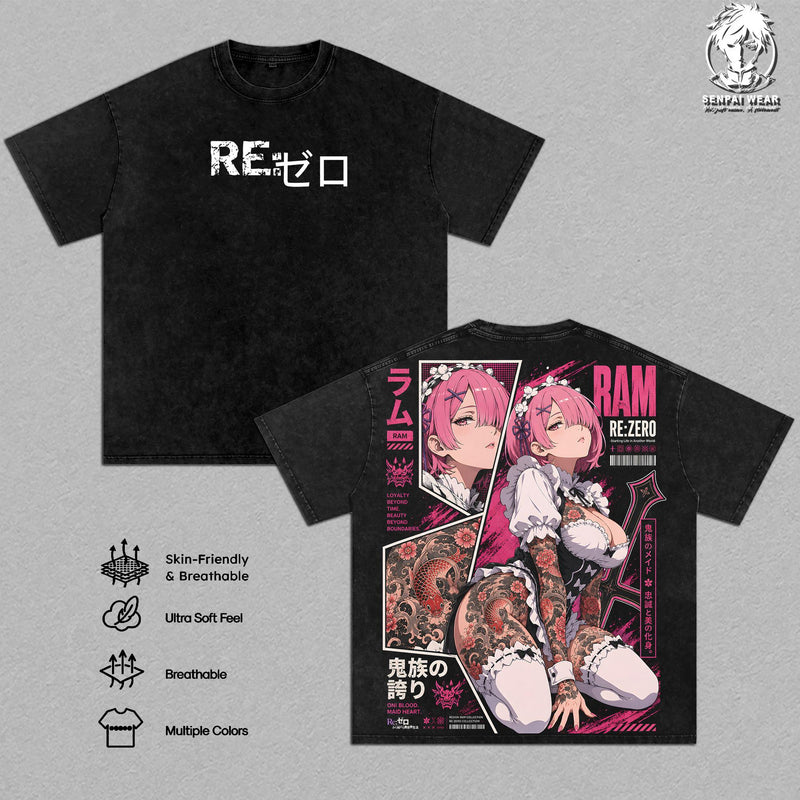 Ram Re:Zero Graphic Tee Vintage Washed Shirt Unisex Streetwear Anime Merch Wind Magic Tee Oni Maid T-Shirt Gift for Anime Lovers Re:Zero Fans