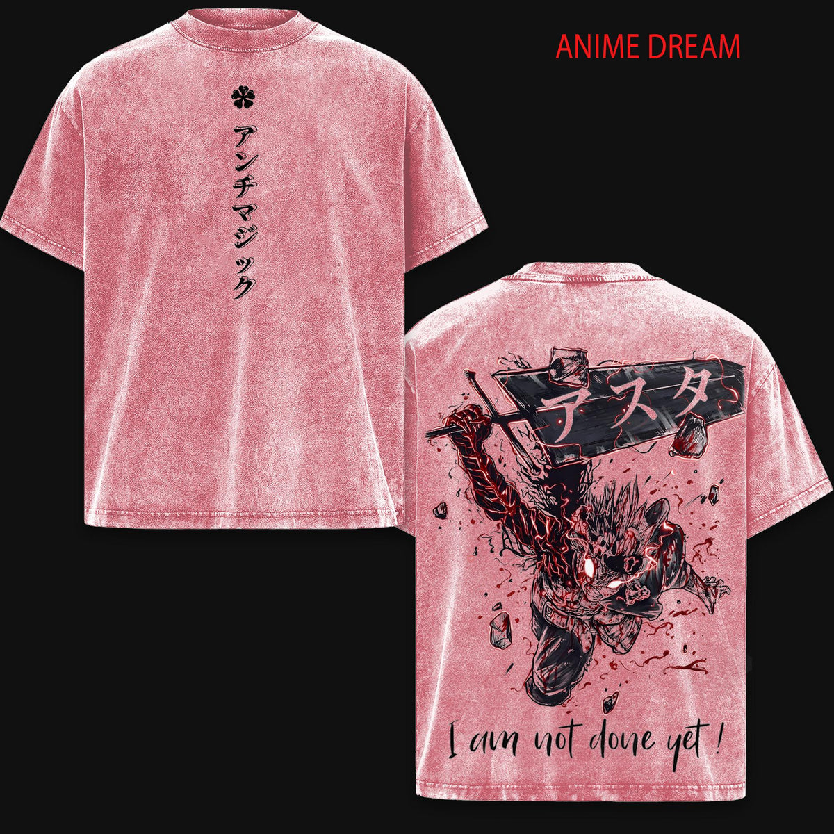 Asta Black Clover Black Bulls Anime Double Printed Vintage Washed Tee Unisex Oversize Anime Manga Washed Heavyweight Cotton T-shirt