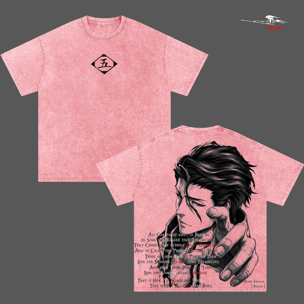 Aizen Sosuke Bleach Anime Double Printed Vintage Washed Tee Unisex Oversize Heavyweight Cotton T-shirt for Anime Fans and Lovers