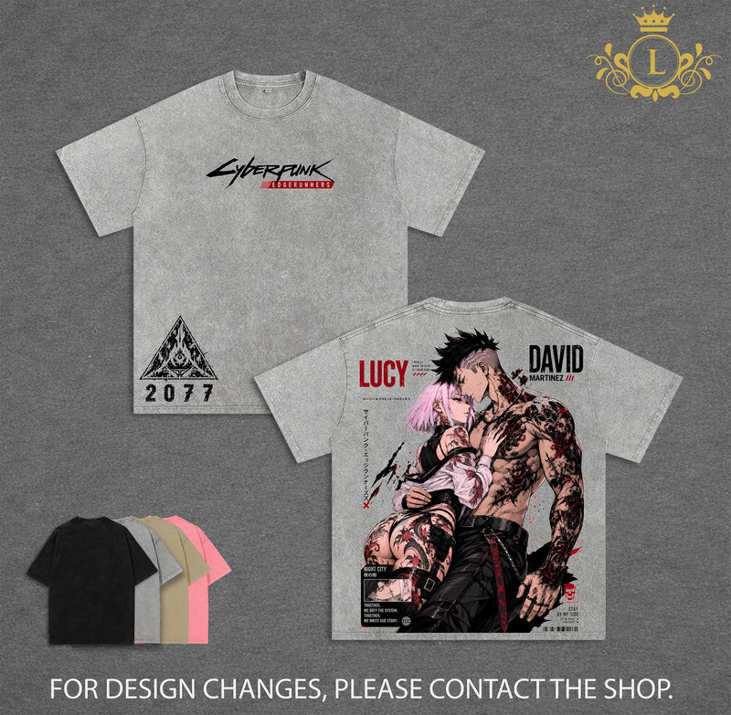 Lucy and David Cyberpunk Edgerunners Vintage Washed T Shirt, David Martinez Anime Graphic Tee, Night City Lovers Shirt, Japanese Irezumi Tattoo Art, Oversized Heavyweight Cotton Streetwear, Gothic Manga Tee, Unisex Cyberpunk Apparel, Anime Fan Gift