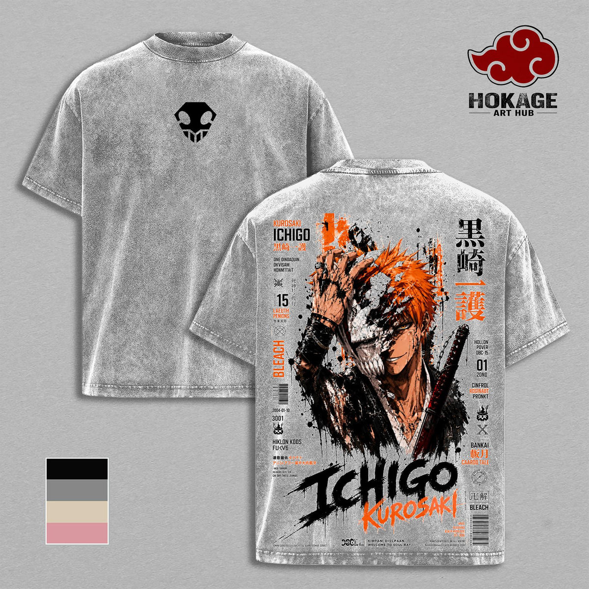Ichigo - Bleach Hollow Mask Double Printed Graphic Tee, Heavy Cotton Oversized Shirt, Faded Acid Wash Streetwear For Men, Gift For Anime Lovers And Bleach Fans
