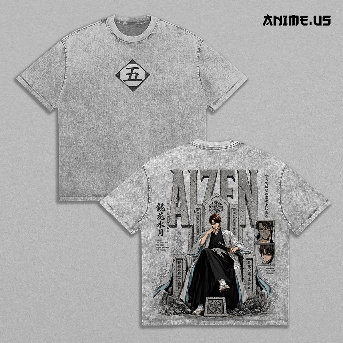 Sosuke Aizen Captain of the Fifth Division Bleach Anime Graphic Heavyweight Cotton Shirt, Vintage Oversized Washed Manga Tee, Japanese Streetwear Apparel, Retro Anime Fan Gift