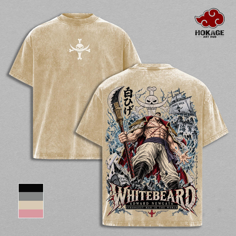 Whitebeard Edward Newgate OP T-Shirt, Strongest Man Pirate Graphic Tee, Back Print Vintage Washed Anime Shirt, Heavyweight Oversized Tee, Streetwear for Men