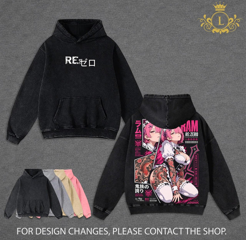 Limited Ram Re Zero Vintage Washed T Shirt, Anime Maid Graphic Tee, Ram Tattoo Anime Shirt, Oversized Heavyweight Cotton Streetwear, Dark Fantasy Anime Apparel, Double Printed Unisex Tee, Gift for Re Zero Fans