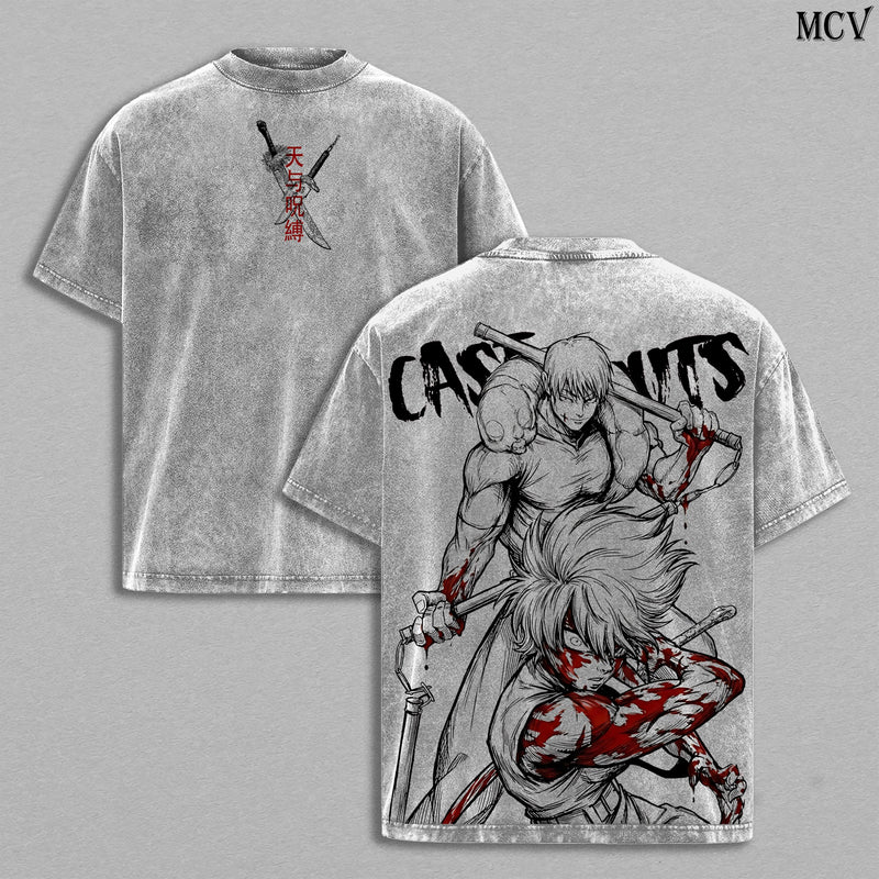 Maki Zenin x Toji Fushiguro Tee Washed – Jujutsu Kaisen Vintage Washed Heavy Cotton Oversized Anime Manga T-Shirt & Hoodie, Double Printed Dark Aesthetic Graphic, Heavenly Restriction Power Edition, Retro Unisex Streetwear JJK Merch
