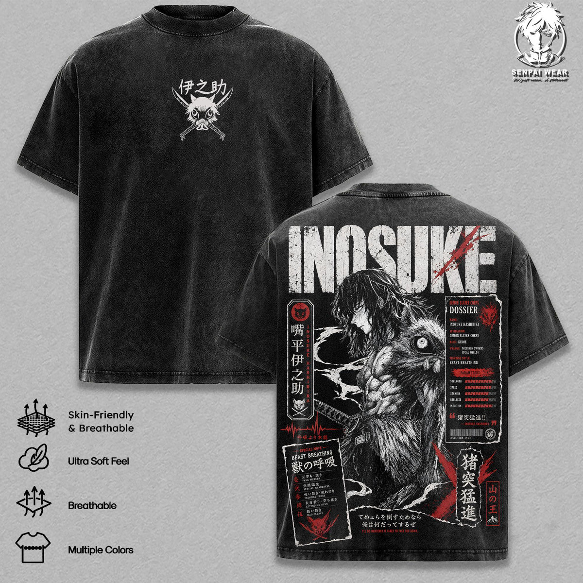 Inosuke Demon Slayer T-Shirt – Retro Kimetsu No Yaiba Anime Vintage Washed Graphic Tee, Streetwear Heavy Cotton Top for Men Women, Gift for KNY Lovers Fans