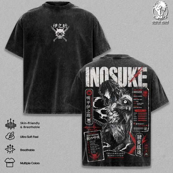 Inosuke Demon Slayer T-Shirt – Retro Kimetsu No Yaiba Anime Vintage Washed Graphic Tee, Streetwear Heavy Cotton Top for Men Women, Gift for KNY Lovers Fans