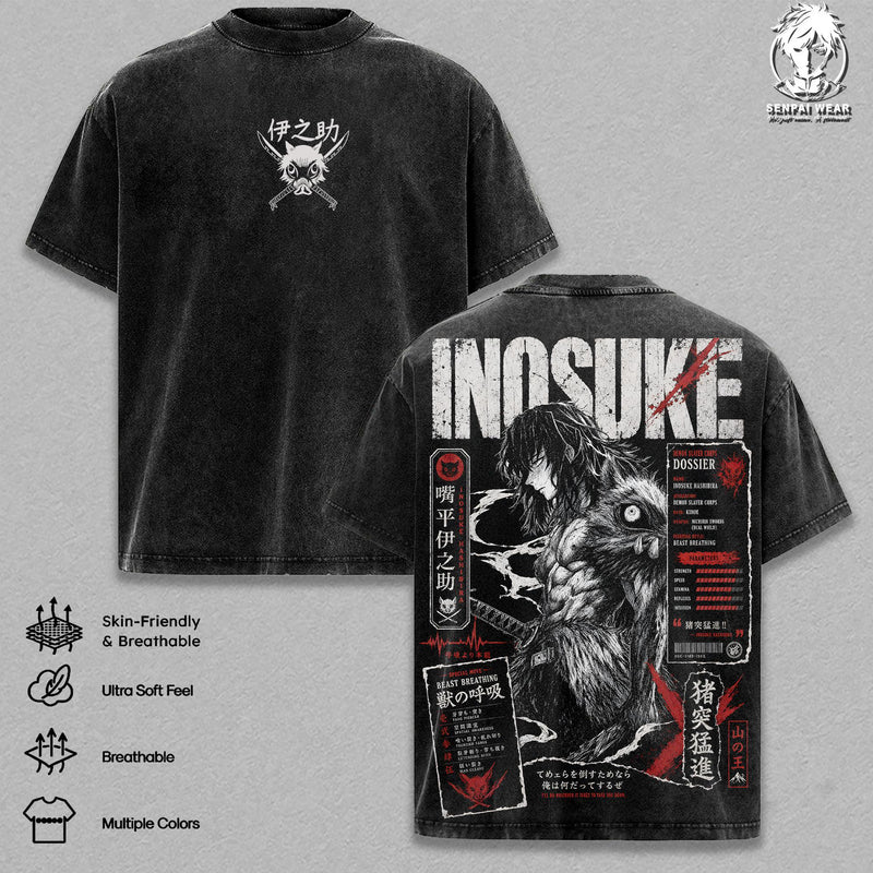 Inosuke Demon Slayer T-Shirt – Retro Kimetsu No Yaiba Anime Vintage Washed Graphic Tee, Streetwear Heavy Cotton Top for Men Women, Gift for KNY Lovers Fans