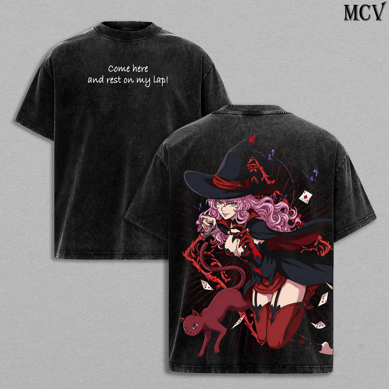 Vanessa Enoteca Black Clover Tee – Vanessa Vintage Washed T-Shirt | Black Bulls Witch | Thread Magic Anime Manga Graphic Tee | Heavy Cotton Unisex Oversized Streetwear Top
