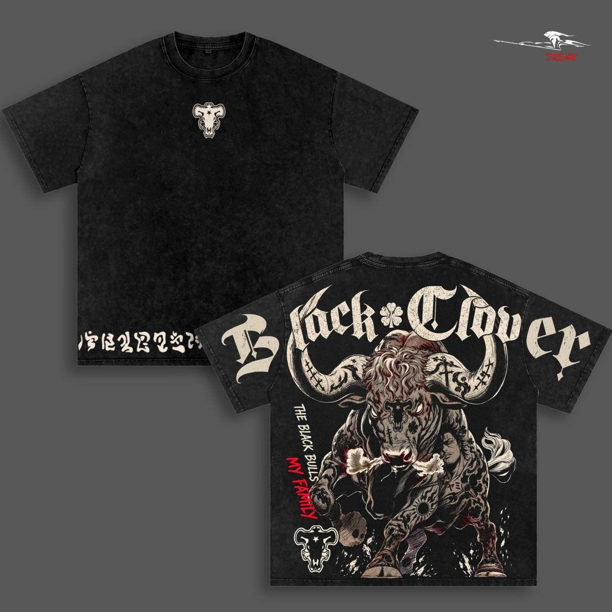 Black Clover Black Bulls Anime Double Printed Vintage Washed Tee Unisex Oversize Anime Manga Washed Heavyweight Cotton T-shirt